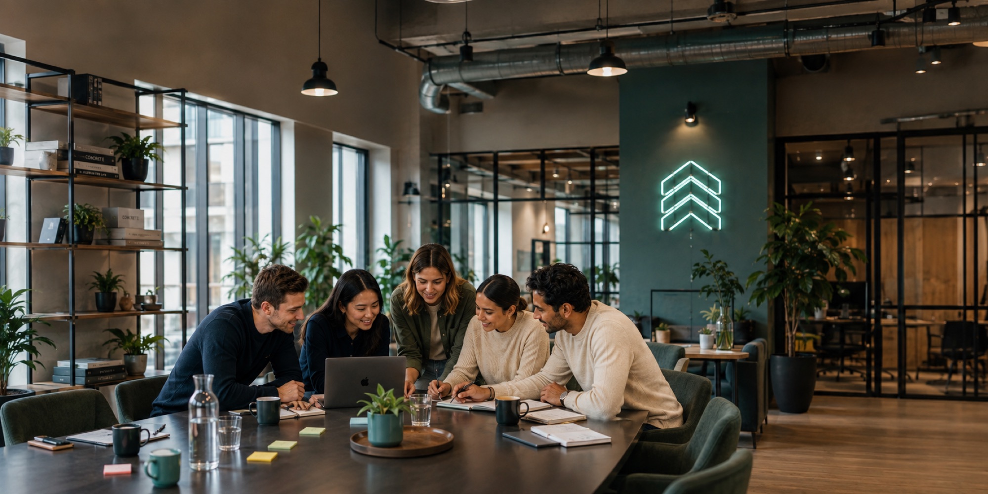 A team around one table working through a plan together