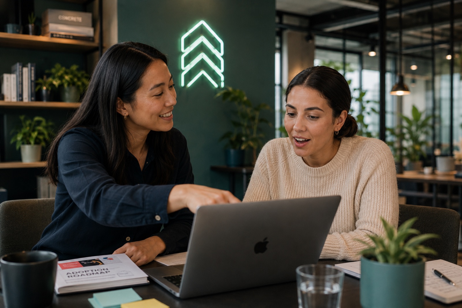 Two colleagues going through an adoption roadmap together at a laptop