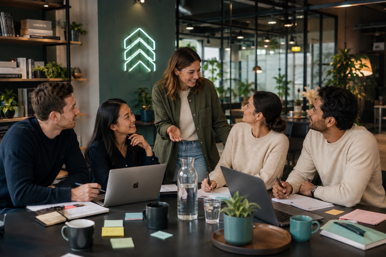 A workshop session: one person standing and guiding the conversation while the team around the table joins in