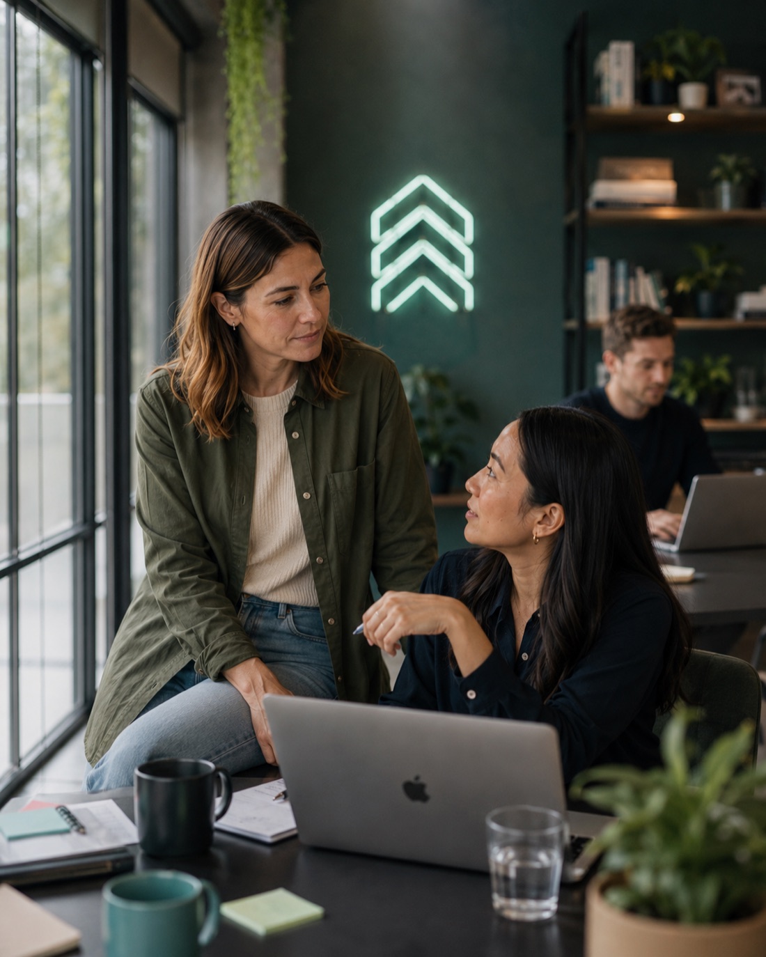 A facilitator working through a question with a colleague at a laptop